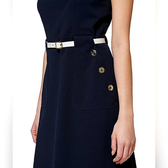 NWT Tommy Hilfiger navy belted sleeveless dress with button accent pockets Sz 2P - Picture 5 of 15